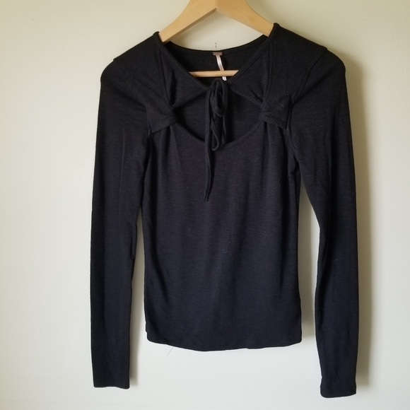 Free People Keyhole Tied Long Sleeve Cotton Blend Top Size Small - Picture 2 of 6